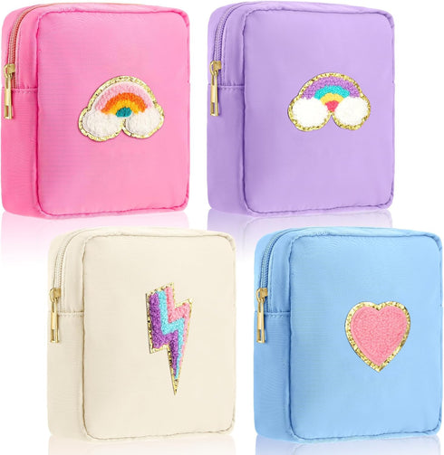 4 Pcs Preppy Patch Makeup Bag Cute Chenille Letter Pouch Cosmetic Makeup Cases Toiletry Bag with Zipper Travel Organizer Stuff Skincare Bags for G...
