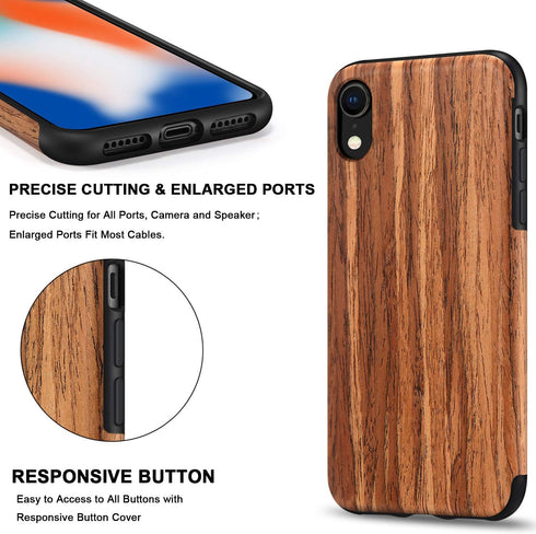 TENDLIN Compatible with iPhone XR Case Wood Grain Outside Design and Flexible TPU Silicone Hybrid Slim Case Compatible with iPhone XR (Red Sandalw...