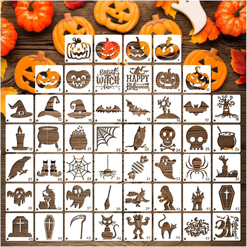 50 PCS Small Halloween Stencils Reusable, 3x3 Inch Halloween Stencils for Painting on Wood DIY Crafts Ornaments Wood Halloween Decoration (50pcs 3...