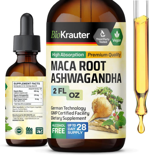 Maca Root and Ashwagandha Tincture - Organic Maca & Ashwagandha Supplements for Men & Women - Adaptogenic Liquid Supplement for Mood Support - Alc...