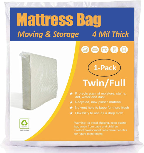 ComfortHome Mattress Bag for Moving and Storage, 4 Mil Extra Thick, Twin and Full Size, 1 Pack Clear...