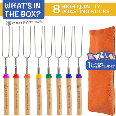 CARPATHEN Marshmallow Roasting Sticks Campfire - Set of 8pcs Smores Sticks With Beautifully Engraved Handles - Perfect as a 4th of July Gift - Tel...