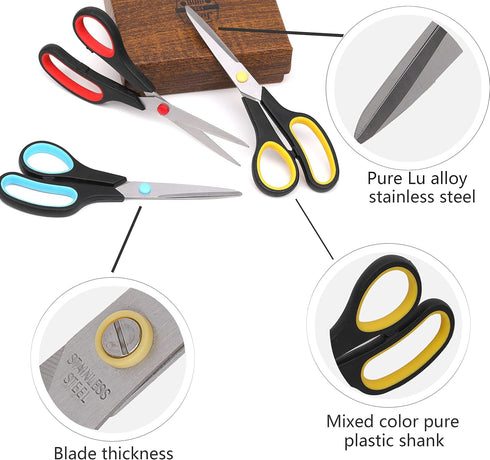 Scissors,8" All Purpose Scissors Heavy Duty Bulk 3-Pack Ergonomic Comfort Grip Craft Shears Sharp Scissors for Office Home School Classroom Sewing...