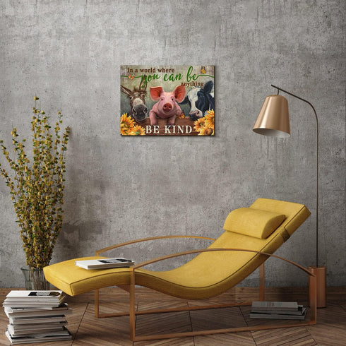 WOWGOOMO Rustic Farm Cow Pig Donkey Wall Art Be Kind Movitational Wall Art for Office Farmhouse Animal Picture Print on Canvas Painting Framed Art...