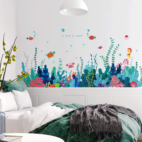 Removable 3D Under The Sea View Grass Wall Decal - DIY Ocean Coral Seaweed Stickers Murals - Peel and Stick Home Decor for Kids Bedroom, Bathroom,...