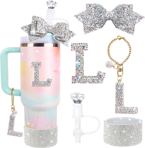 Water Bottle Accessories Set for Stanley Cup 30Oz, Letter Charms, Diamond Straw Cover, Glitter Silicone Boot...
