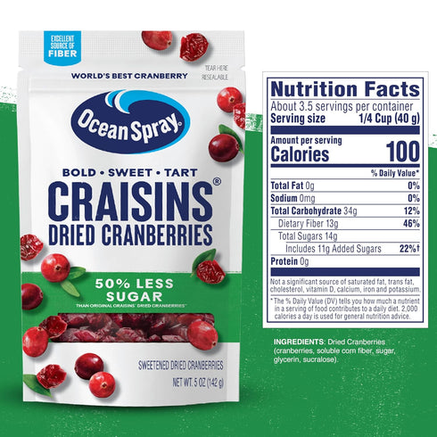 Ocean Spray® Craisins®, 50% Less Sugar Dried Cranberries, Dried Fruit, 5 Oz Pouch (Pack of 1)...