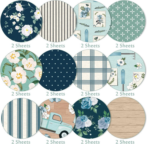 Whaline 12 Design Floral Pattern Paper Blue Flower Scrapbook Paper Double-Sided Decorative Craft Paper for Spring Easter Card Making Scrapbook Pho...