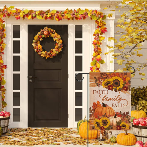 Faith Family Fall Decorative Small Garden Flag Autumn House Yard Outside Pumpkin Sunflower Maple Leaves Farmhouse Burlap Decor, Thanksgiving Relig...