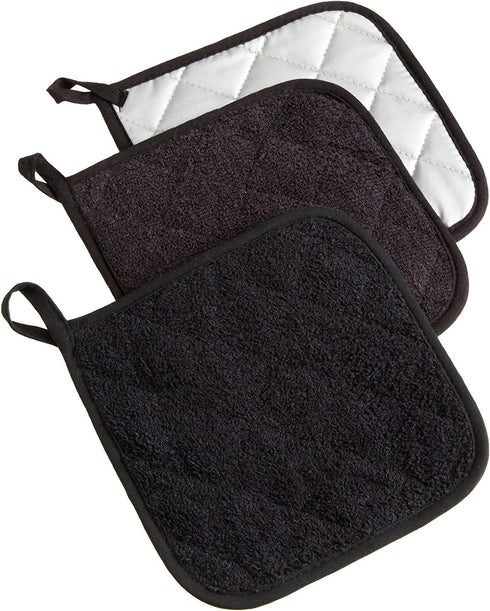 DII Basic Terry Collection Quilted 100% Cotton, Potholder, Black, 3 Piece...