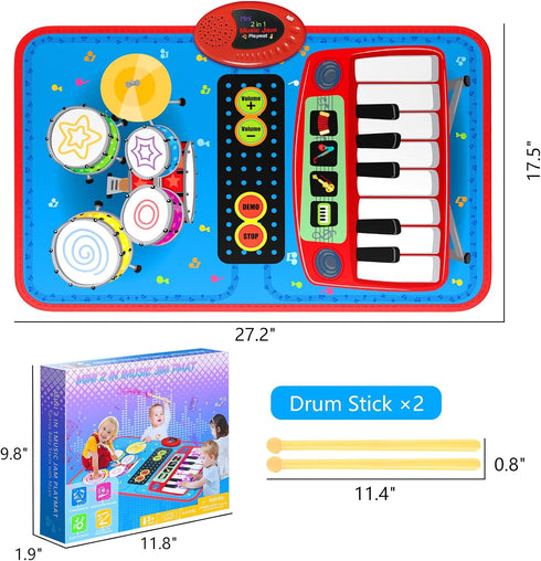 2-in-1 Musical Mat Toys for 1 2 3 4 5 Year Old, Piano Keyboard & Drum Set with 2 Drum Sticks, Early Educational Musical Learning Toys Birthday for...