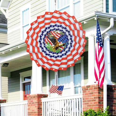 Hanging Wind Spinners Outdoor, American Flag Eagles Patriotic Wind Spinner 12in Large Metal 3D Art Kinetic Craft Spinner for Garden Sculptures Dec...