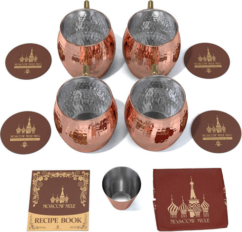 Hammered Moscow Mule Copper Mug Set of 4| Stainless Steel Lining | 16 oz...