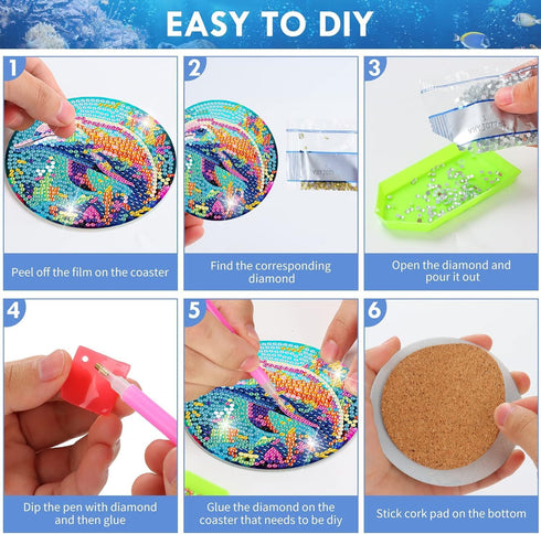 croshom 8 Pcs Ocean Creatures Diamond Art Painting Coasters Kits with Holder Ocean Creature Diamond Art Coaster with Cork Bases for Adults Diamond...