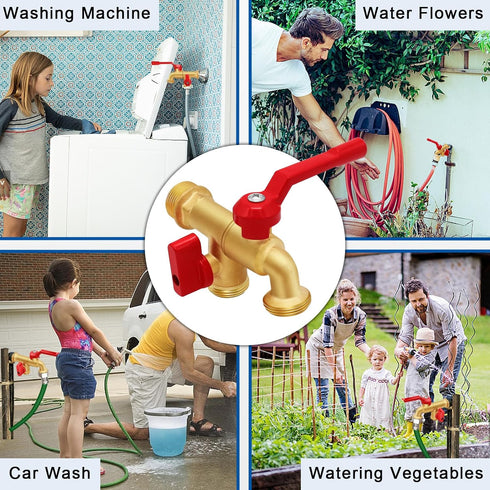 Boltigen Brass Outdoor Double Taps Water Faucet, 3/4 GHT Wall Mounted Garden Water Ball Valve Splitter, Frost-Proof Outside Spigot Faucet for Outd...