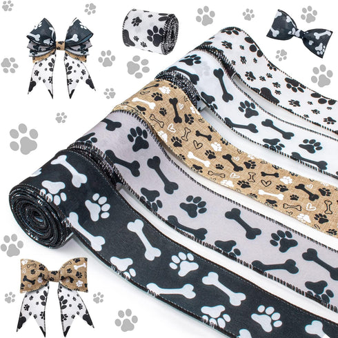 Dog Ribbon Paw Print Ribbon 5 Rolls Wired Edge Ribbon 2.5 Inch 25 Yards Burlap Wired Ribbons for Crafts Party Home Ornaments Wedding Gift DIY Deco...