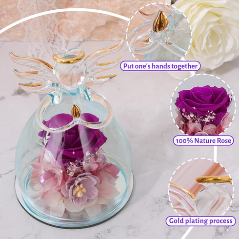 ANLUNOB Preserved Rose Birthday Gifts for Women Mom Grandma Wife, Glass Angel Figurines Gifts with Pretty Purple Flowers for Anniversary Wedding...