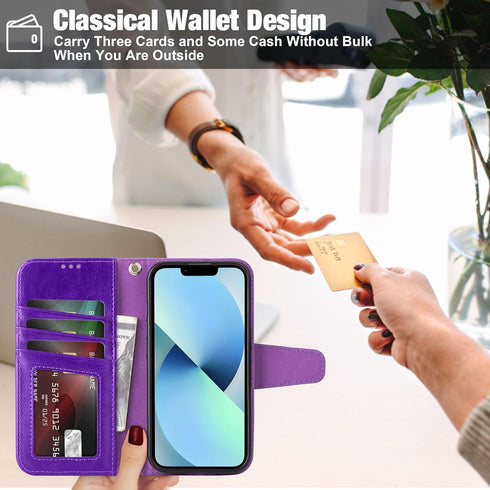 Arae Compatible with iPhone 13 Case with Card Holder and Wrist Strap Wallet Flip Cover for iPhone 13 6.1 inch,Purple......