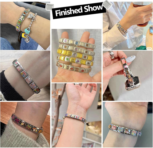 papasgix Italian Charm Bracelet Set with Starter Brascelet, Assorted Charms and Opening Tools, 9mm Modular Italian Charm Bracelet Links Handmade D...