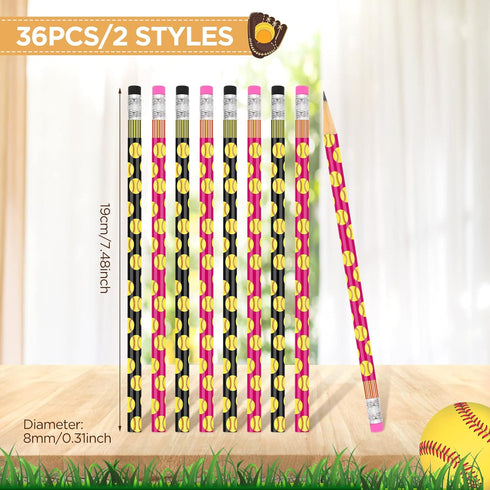 36 Pieces Softball Pencils Softball Party Favors Unsharpened Softball Printed Wooden Pencils with Eraser Sports Themed Fun Drawing Pencils for Sof...