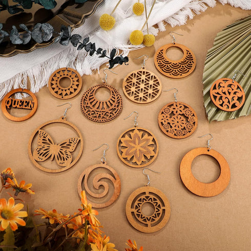 20 Pairs African Wooden Dangle Earrings Lightweight Ethnic Style Drop Earrings Bohemian Wood Earrings Geometric Pendant Wooden Earrings for Women(...