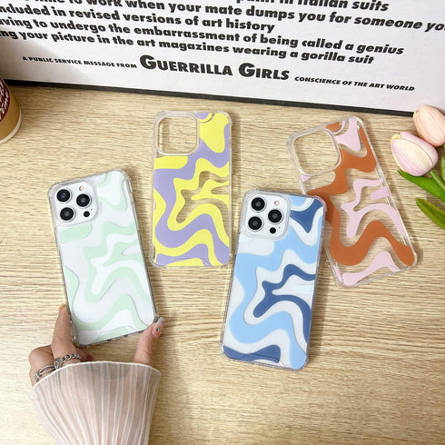 Compatible with iPhone 14 / iPhone 13 Phone Case, Cute Art Wavy Painted for Women Girls, Soft TPU Edge PC Back Protective Shockproof Phone Case-Bl...