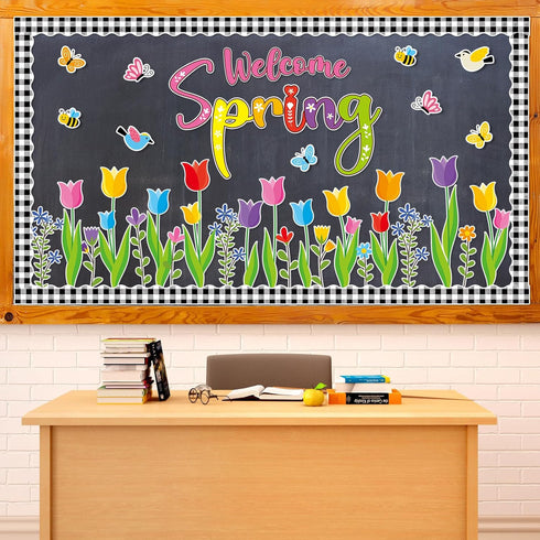 Tulip Bulletin Board Set Classroom Decorations Mother's Day Tulip Flowers Cutouts Welcome Spring Wall Decals Floral Bee Birds Butterfly Paper-Cuts...