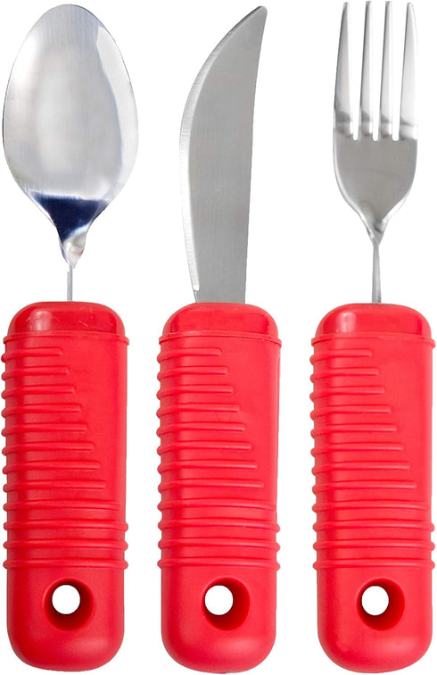 3 Piece Super Easy Grip Red Flatware Set - Bendable Built Up Large Fork, Knife, and Spoon - Red...