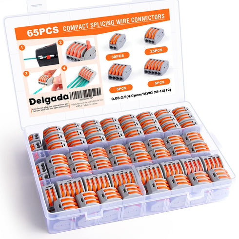 Delgada 65PCS Compact Lever Wire Connector Nuts kit,Reusable 2/3/4/5 Port Push-in Wiring Terminals kit for Stranded Solid and Flexible Wires Quick...