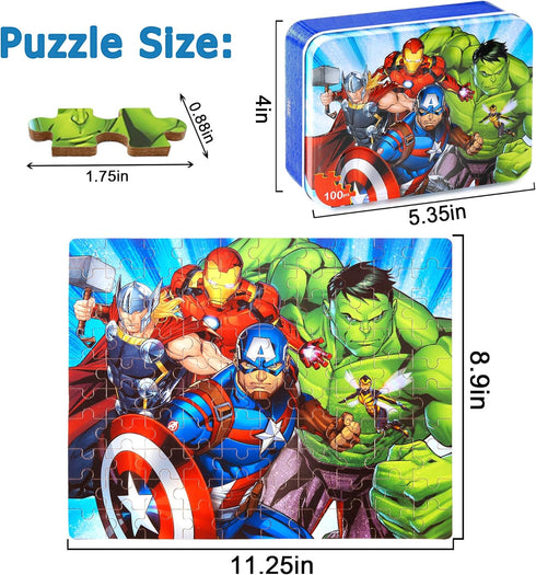 LELEMON Avengers 100 Piece Jigsaw Puzzle for Kids Ages 4-8, Cardboard Material, Portable Metal Storage Box, Educational Toy for Girls and Boys...