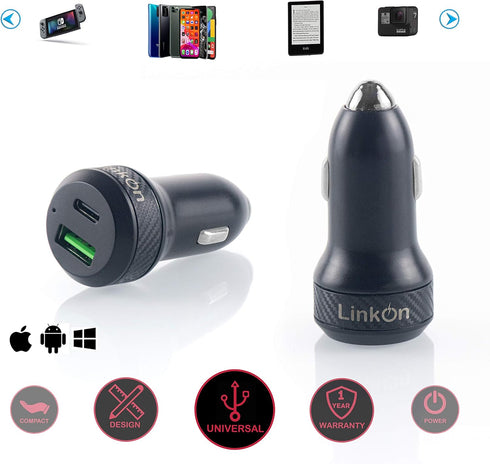 LinkOn 45W Car Charger with 27W USB-C PD3.0 and 18W USB-A QC3.0 Compatible with iPhone Xs/Max/XR/X iPad Samsung Galaxy Pixel Nexus Huawei...
