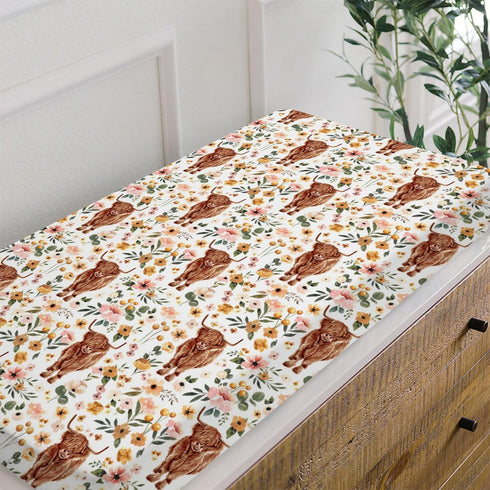 Highland Cow Boho Floral Changing Pad Cover for Baby Girls, Western Farm Animal Retro Flower Diaper Change Table Covers, Soft Stretchy Safe Snug F...