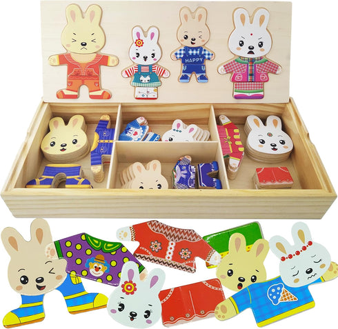 Wooden Bunny Family Dress-up Puzzle Box for Toddlers(72pcs),Change Clothes Puzzle Games, Preschool Learning Activities Toys for Kids Ages 3+...