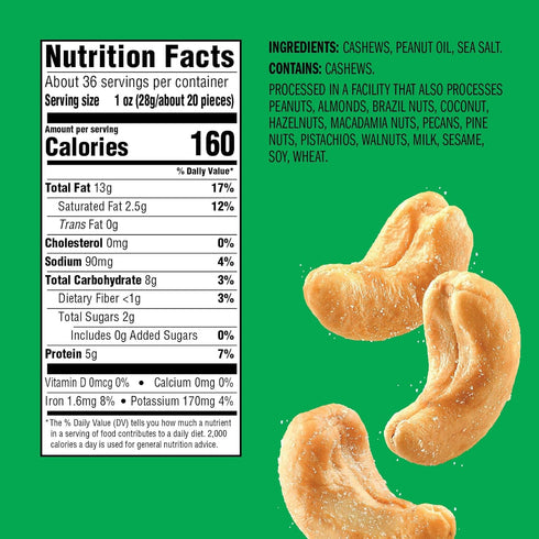 Emerald Nuts Roasted and Salted Whole Cashews (1-Pack), 5oz Resealable Bag, Kosher Certified, Non-GMO, Contains No Artificial Preservatives, Flavo...