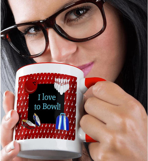 3dRose I Love Bowling Pins Ball Shoes and Bag Red Blue and White Two Tone Mug, 11oz, Multicolored...