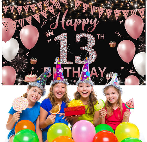 13th Birthday Decorations Backdrop Banner, Happy 13th Birthday Decoration for Girls, Rose Gold Birthday Photography Background, 13 Year Old Birthd...
