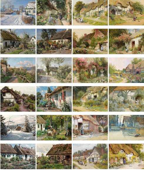 Large Stickers 24 pcs (2.5"x3.5" Each) Beautiful Villages and Cottage Landscape Paintings Vintage Postcards Antique Botannical Book Illustration P...