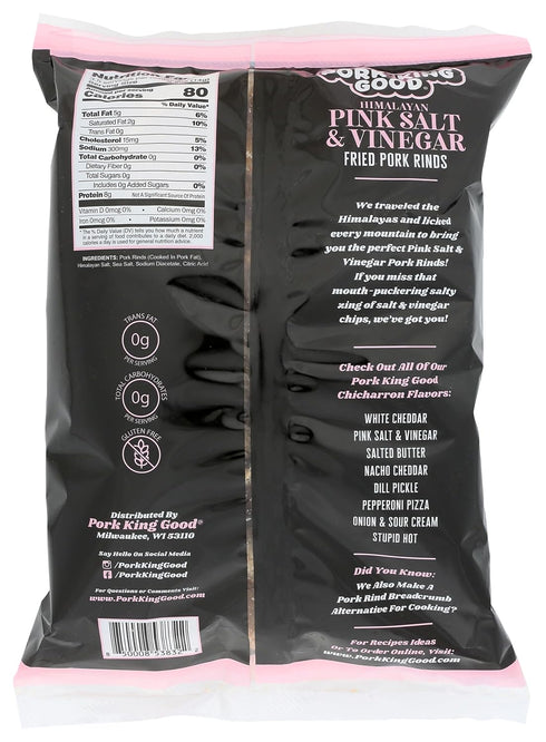 Pork King Good Himalayan Pink Salt & Vinegar Pork Rinds 7 OZ FAMILY SIZE (Chicharrones - Keto Snacks)...