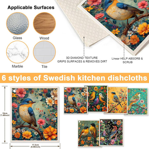 6 Pack Swedish Dishcloths for Kitchen - Reusable Dish Towels Paper Towels Cloths Washable,Absorbent Cellulose Cleaning Sponge Cloth Wipes Quick Dr...