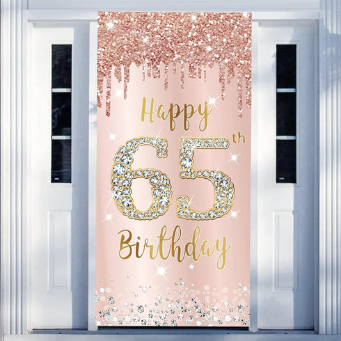 65th Birthday Decorations Door Banner for Women, Pink Rose Gold Happy 65 Birthday Backdrop Party Supplies, 65 Year Old Birthday Poster Door Cover ...