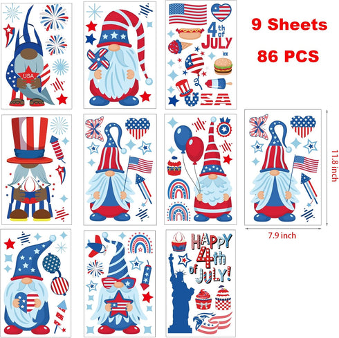 4th of July Gnome Window Clings Decorations 9 Sheets Patriotic Window Clings Red White and Blue Party Supplies Decor for Home School Office Classr...