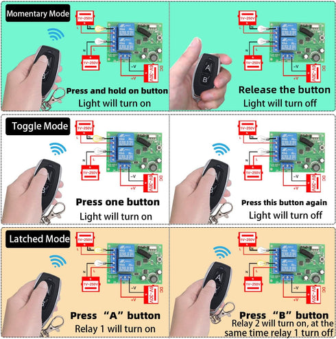 DieseRC DC 12V 24V 30V Secure Remote Control Switch Universal Wireless 433Mhz rf 10A Relay Receiver Board with 2 Transmitter Key fobs for Motor Li...