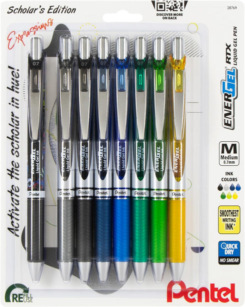 EnerGel RTX Retractable Liquid Gel Pen, Scholar Expressions Pack, 0.7mm, Metal Tip, Medium Line,Assorted Ink, Pack of 8 Pens (BL77XLEFBP8M)...