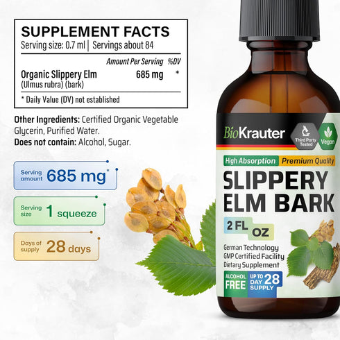BIO KRAUTER Slippery Elm Bark Drops - Ulmus Rubra Slippery Elm Liquid - Respiratory & Digestive Health - Vegan, Alcohol & Sugar Free Extract - 2 F...