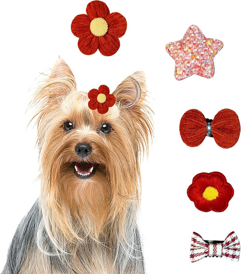 5PCS Dog Hair Clips for Small Dogs Hair Bows Handmade Yorkie Hair Accessories Star Heart Hair Pins Kitten Puppy Birthday Grooming Products (G01,Re...