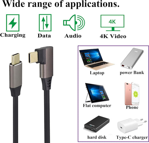 90 Degree Type C 3.1 Extension Cable 4K@60Hz Right&Left Angle Type C 3.1 USB Male to Male Connector Cable Supports Charging,Data,Audio,Video Cable...