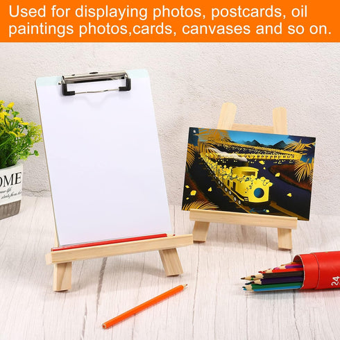 PATIKIL 7.9" Mini Wooden Easel Stand, 2 Pack Table Use Triangle Holder for Displaying Photos, Card, Canvases, Wedding, Wood Color...