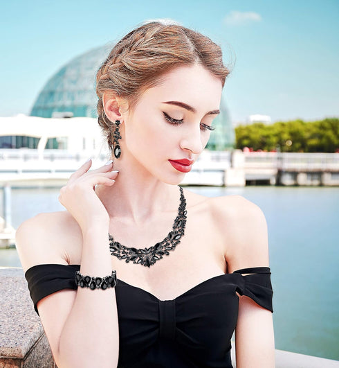 FIASASO Black Bridal Jewelry Set for Women Rhinestone Wedding Necklace Bracelet Dangle Earrings for Bride Bridesmaid Prom Jewelry Accessories...