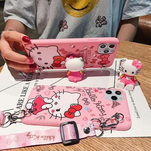 Compatible with iPhone 15 Pro Case with Screen Protector, Cartoon Cute Funny Kawaii Cat Kitty Animal Character Phone Case Silicone Lanyard 3D Cove...