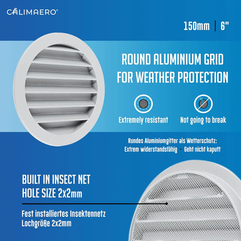 calimaero WSGG 6" Inch Gray Round Metal Air Vent Grill Cover Flat Louver with Fly Screen